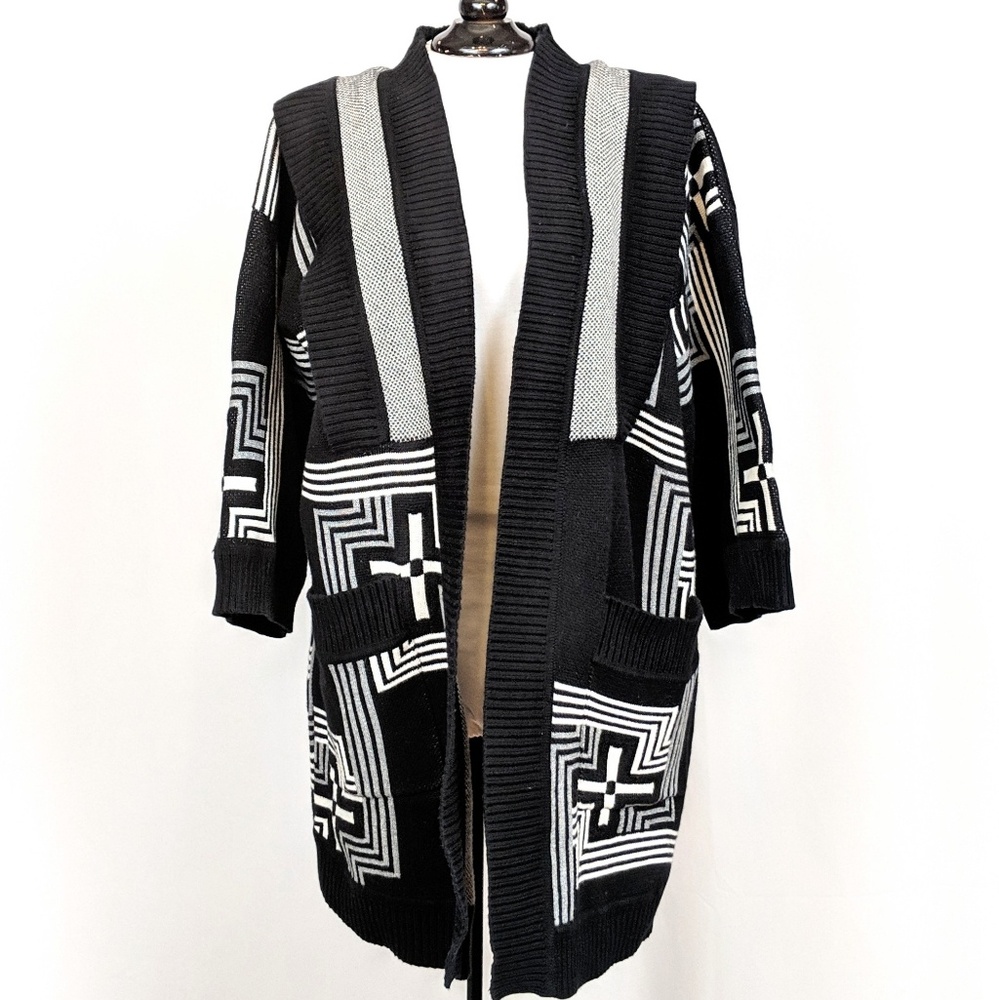 Vintage Oversized Geometric Cardigan|  90s Southwestern-Inspired Unisex Knit in Electric Blue & Black| Grandpa Chic Ackermann Sweater